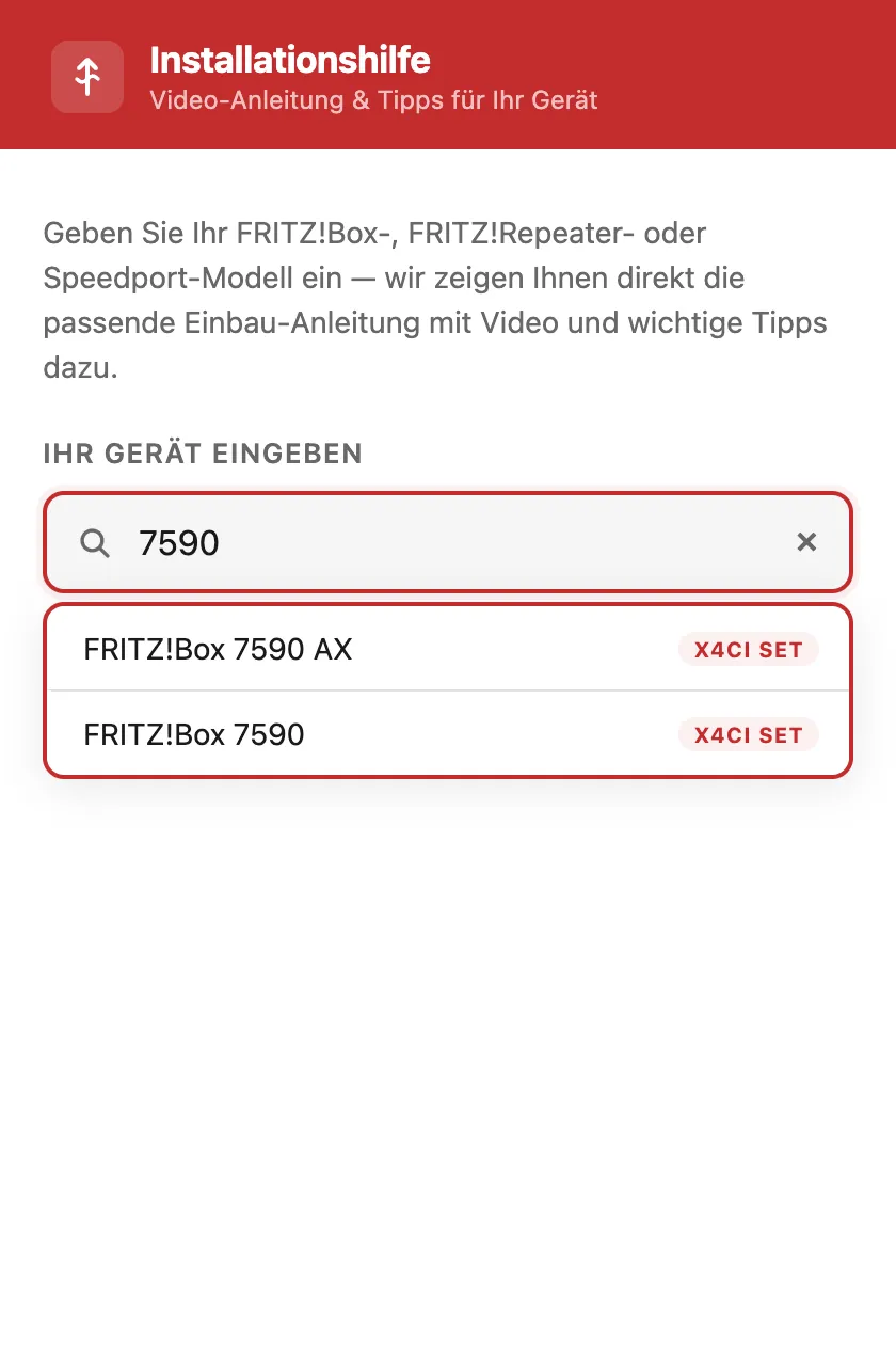 Smartphone-Ansicht der Installationshilfe: Suchfeld mit der Eingabe „7590“ und zwei vorgeschlagenen Router-Modellen.
